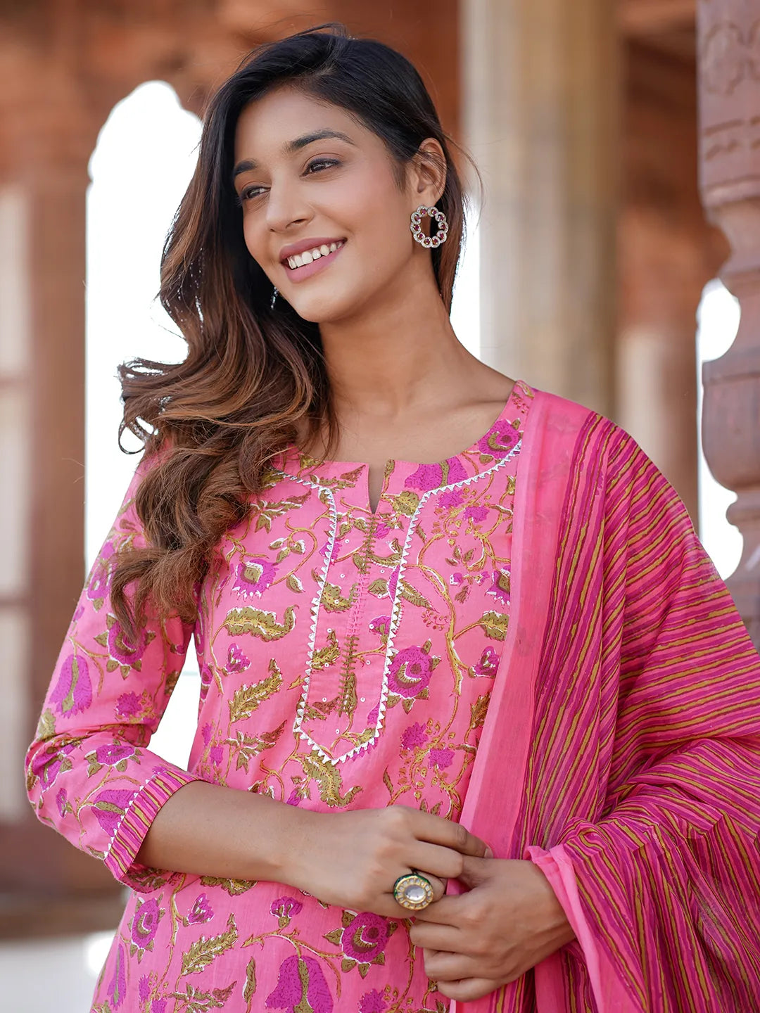 Pink Printed Kurta with Trousers & dupatta