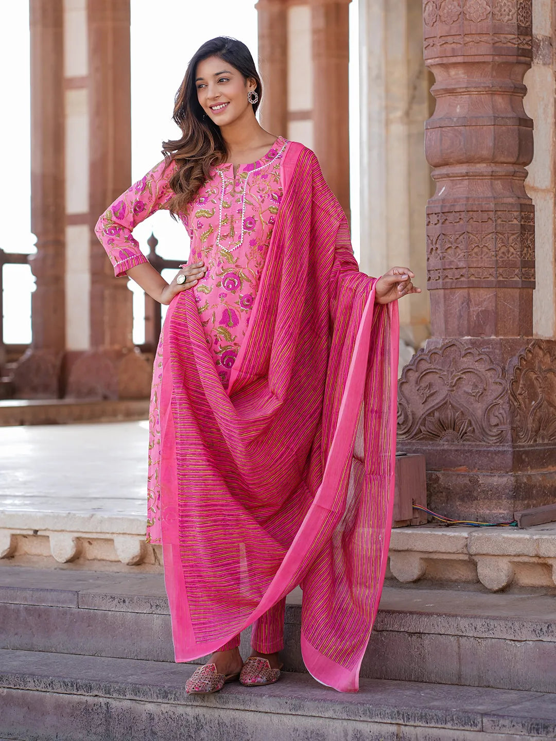 Pink Printed Kurta with Trousers & dupatta