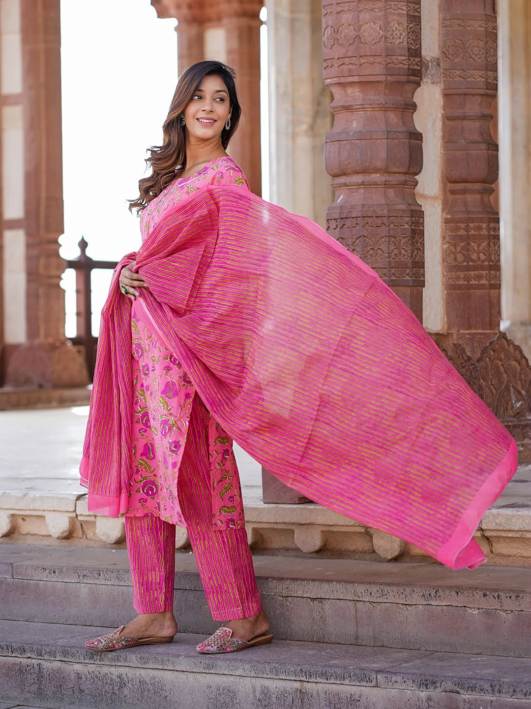 Pink Printed Kurta with Trousers & dupatta