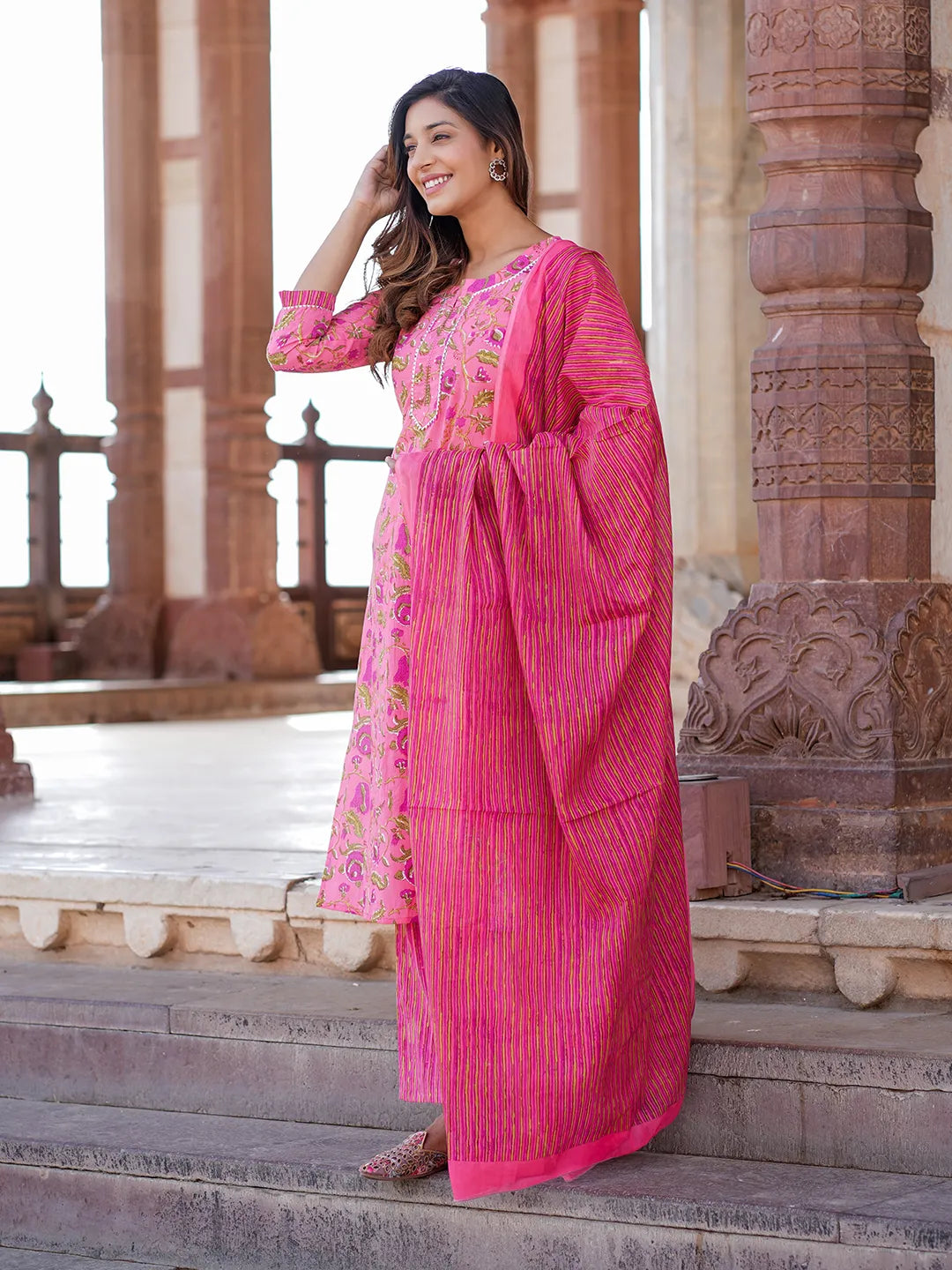 Pink Printed Kurta with Trousers & dupatta