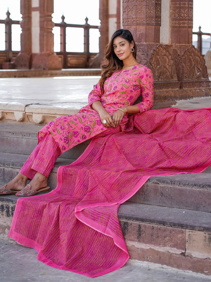 Pink Printed Kurta with Trousers & dupatta