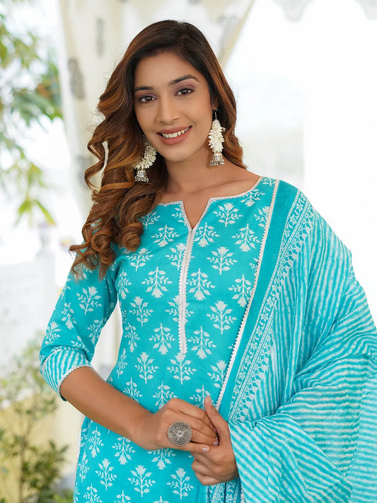 Women Turquoise Foli Print Straight Kurta Pant and Dupatta Set