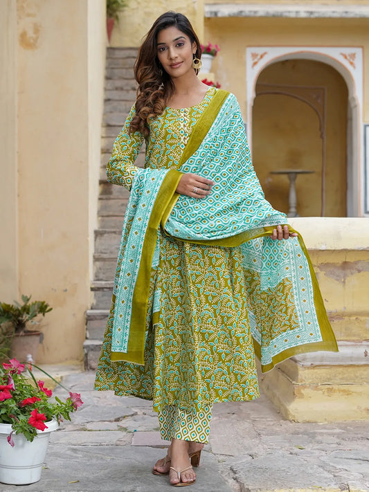 Women Green Foli Print Anarkali Kurta Pant and Dupatta Set