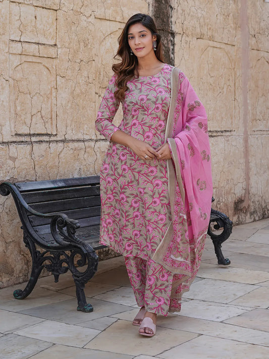 Floral Print Regular Pure Cotton Kurta With Trousers & Dupatta set