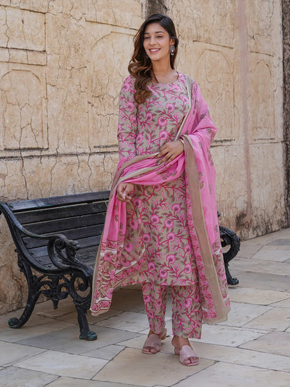 Floral Print Regular Pure Cotton Kurta With Trousers & Dupatta set