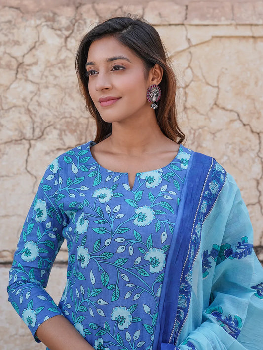 Blue Floral Printed Regular Pure Cotton Kurta with Trousers & Dupatta