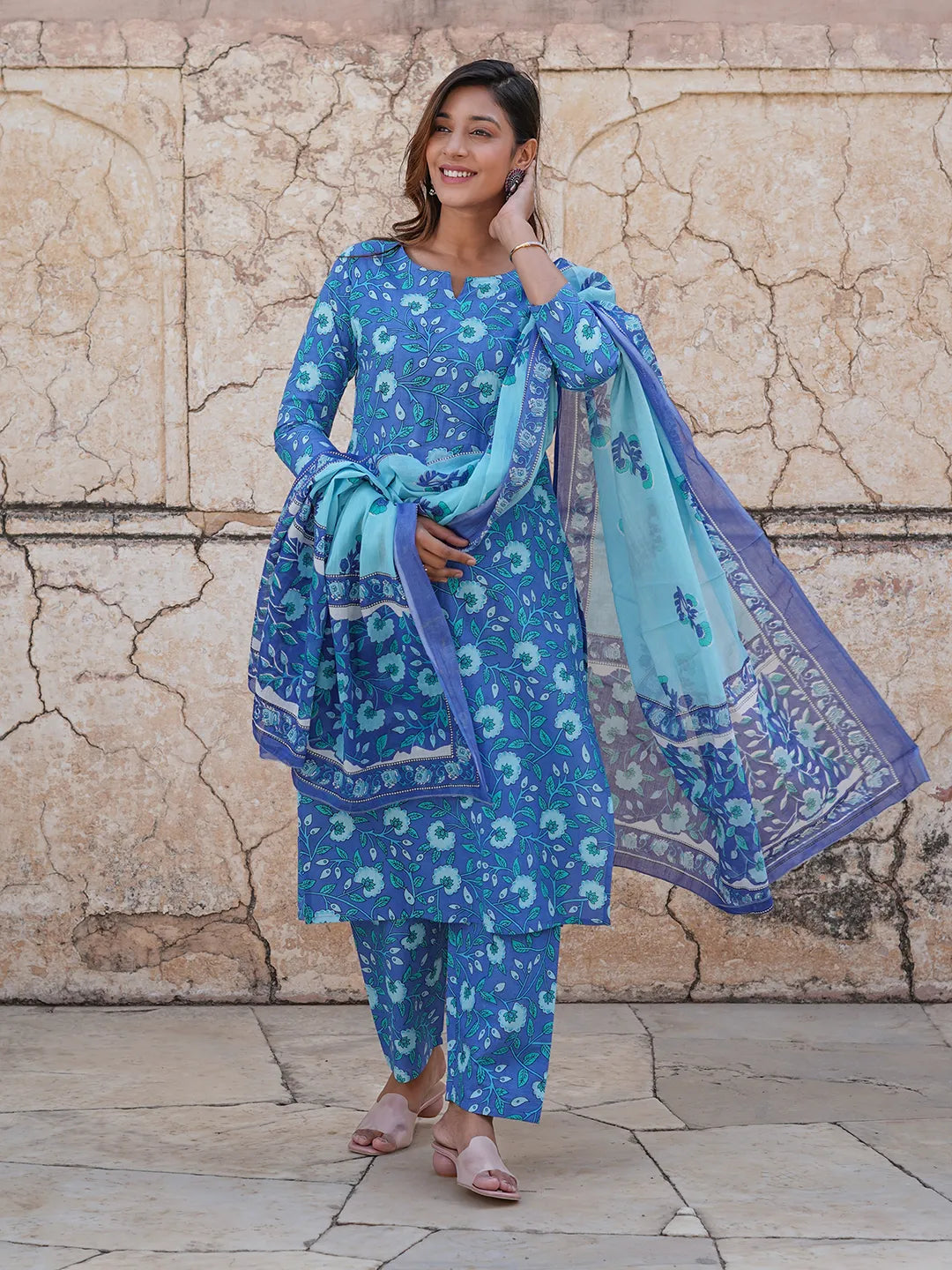 Blue Floral Printed Regular Pure Cotton Kurta with Trousers & Dupatta