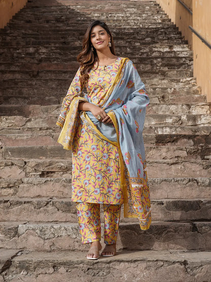 Women Yellow Floral Straight Kurta Pant and Dupatta Set