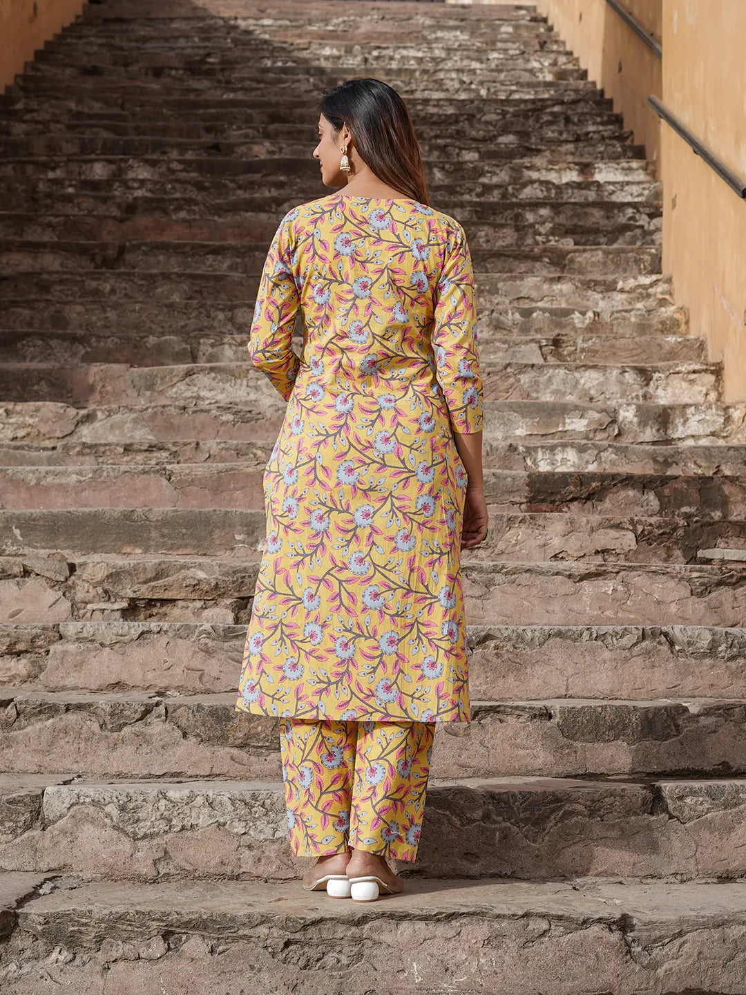 Women Yellow Floral Straight Kurta Pant and Dupatta Set