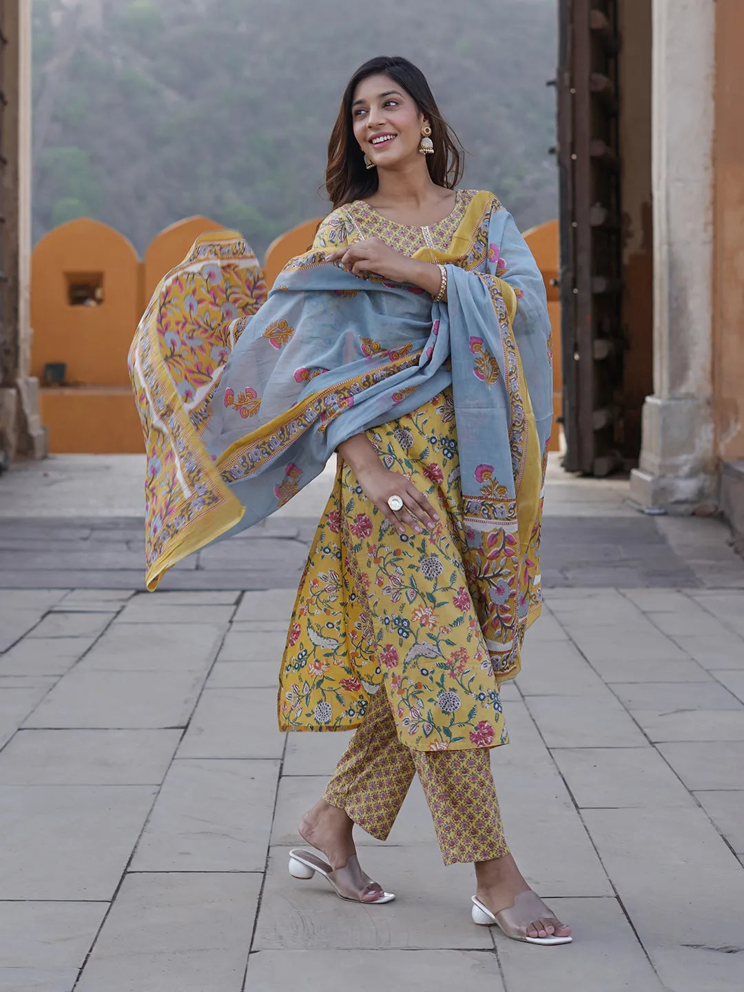 Yellow, blue & pink Ethnic Motifs Gotta Patti Pure Cotton Kurta With Trousers & Dupatta