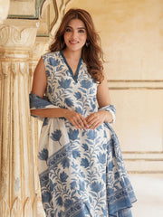 White & blue Floral Printed V-Neck Pure Cotton Straight Kurta & Trousers With Dupatta