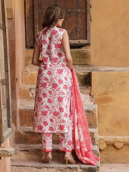 Women Red Floral Straight Kurta Pant and Dupatta Set