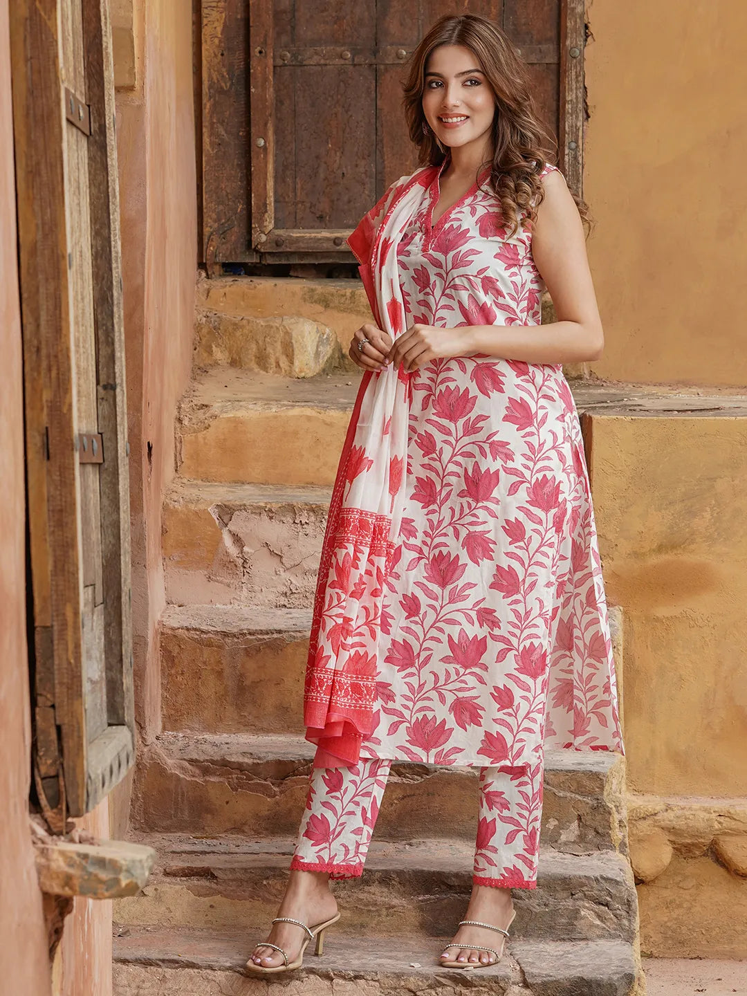 Women Red Floral Straight Kurta Pant and Dupatta Set