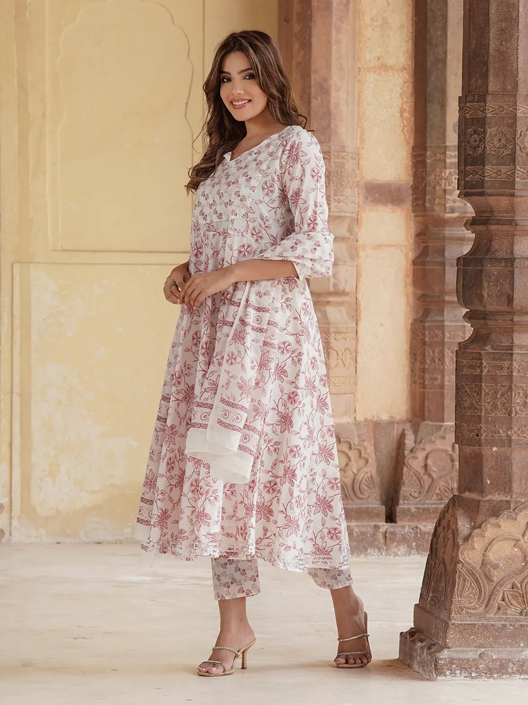 Women Rust Floral Anarkali Kurta Pant and Dupatta Set