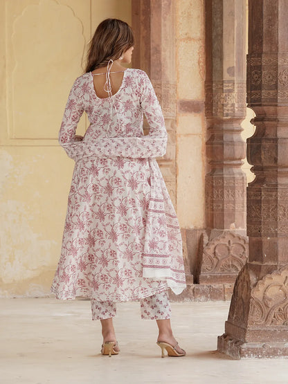 Women Rust Floral Anarkali Kurta Pant and Dupatta Set