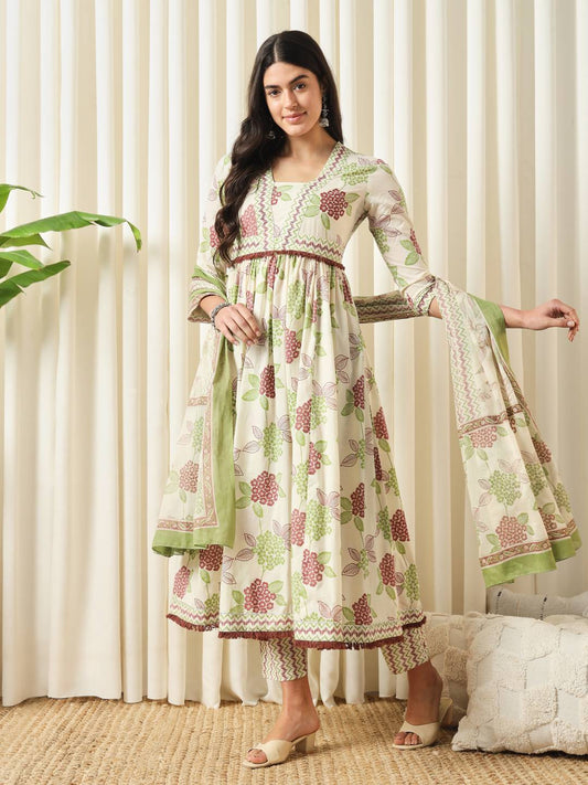 FASHION Floral Printed Empire Pure Cotton Flared Anarkali Kurta With Trousers & Dupatta