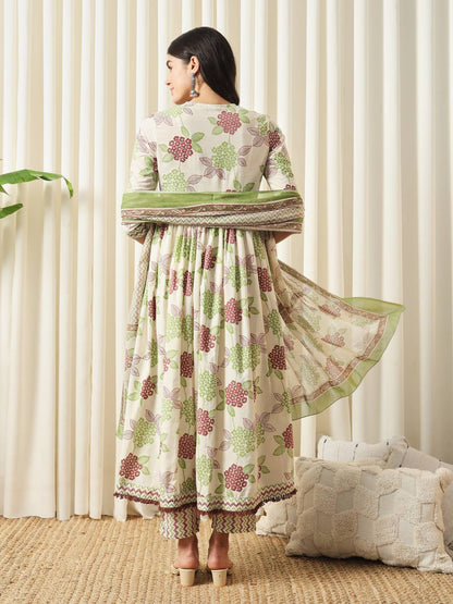 FASHION Floral Printed Empire Pure Cotton Flared Anarkali Kurta With Trousers & Dupatta