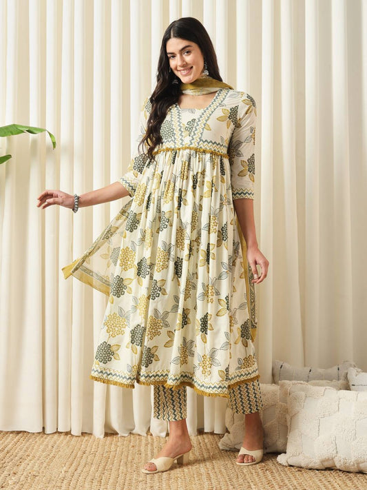 FASHION Floral Printed Empire Pure Cotton Flared Anarkali Kurta With Trousers & Dupatta Set