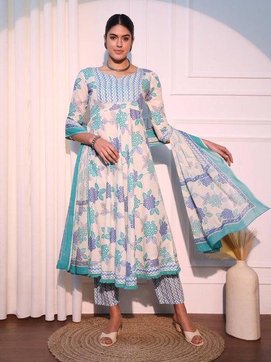 White, blue Floral Printed Gotta Patti Pure Cotton Anarkali Kurta With Trouser & Dupatta Set