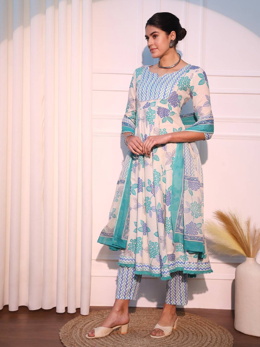 White, blue Floral Printed Gotta Patti Pure Cotton Anarkali Kurta With Trouser & Dupatta Set