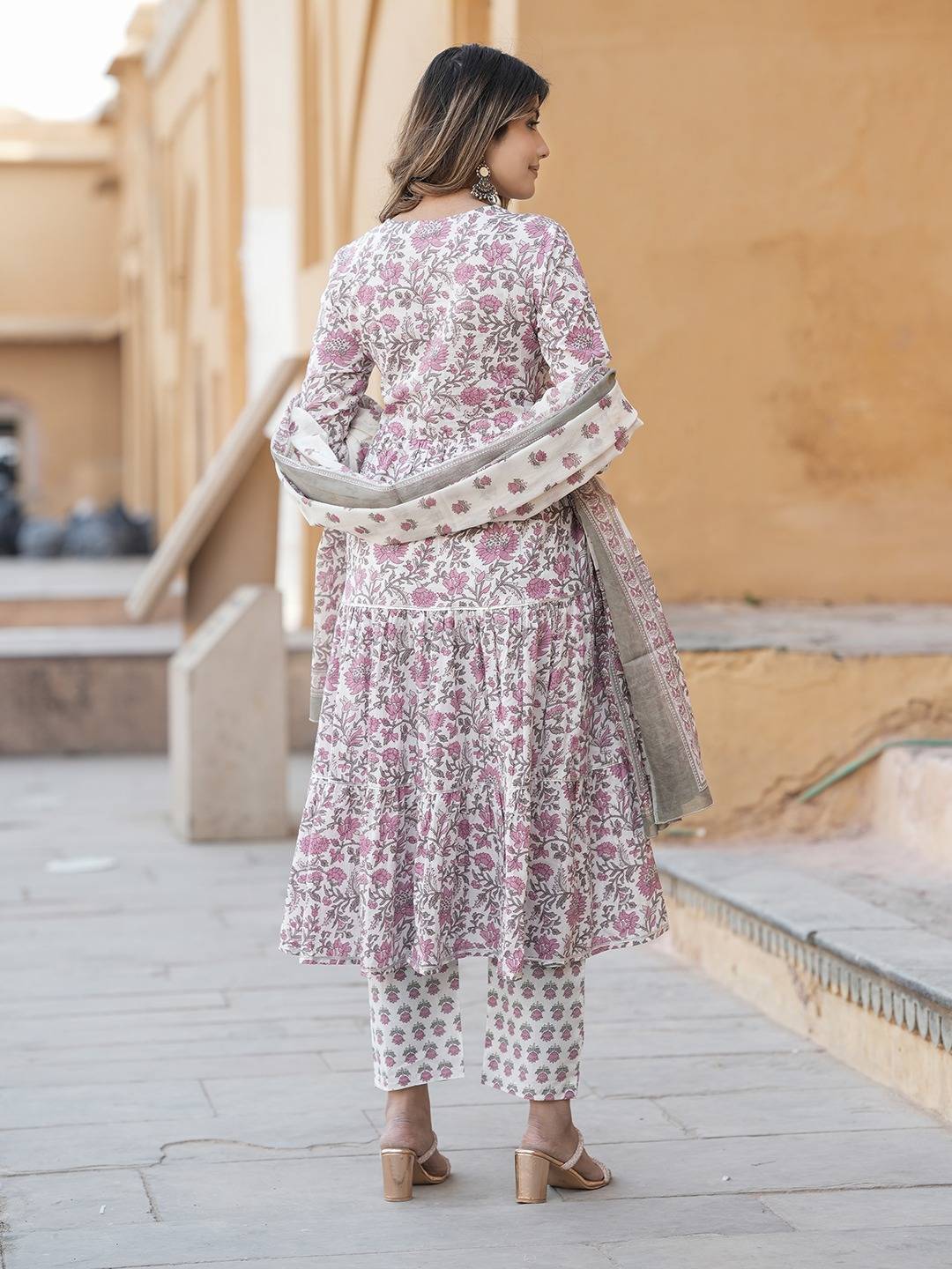 Women Purple And White Anarkali Pleated Kurta Pant Dupatta Set