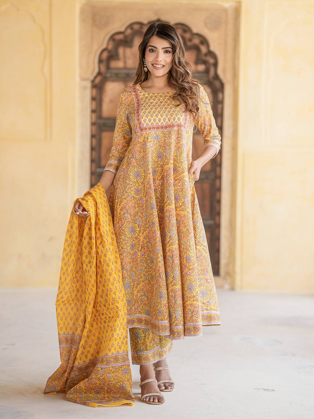 Women Mustard Yellow Anarkali Kurta Pant Dupatta Set