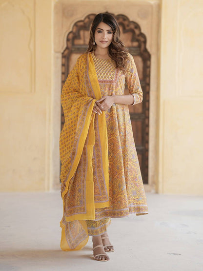 Women Mustard Yellow Anarkali Kurta Pant Dupatta Set