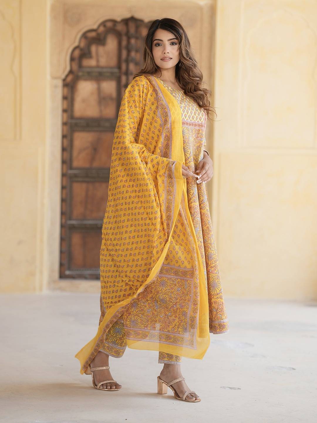 Women Mustard Yellow Anarkali Kurta Pant Dupatta Set