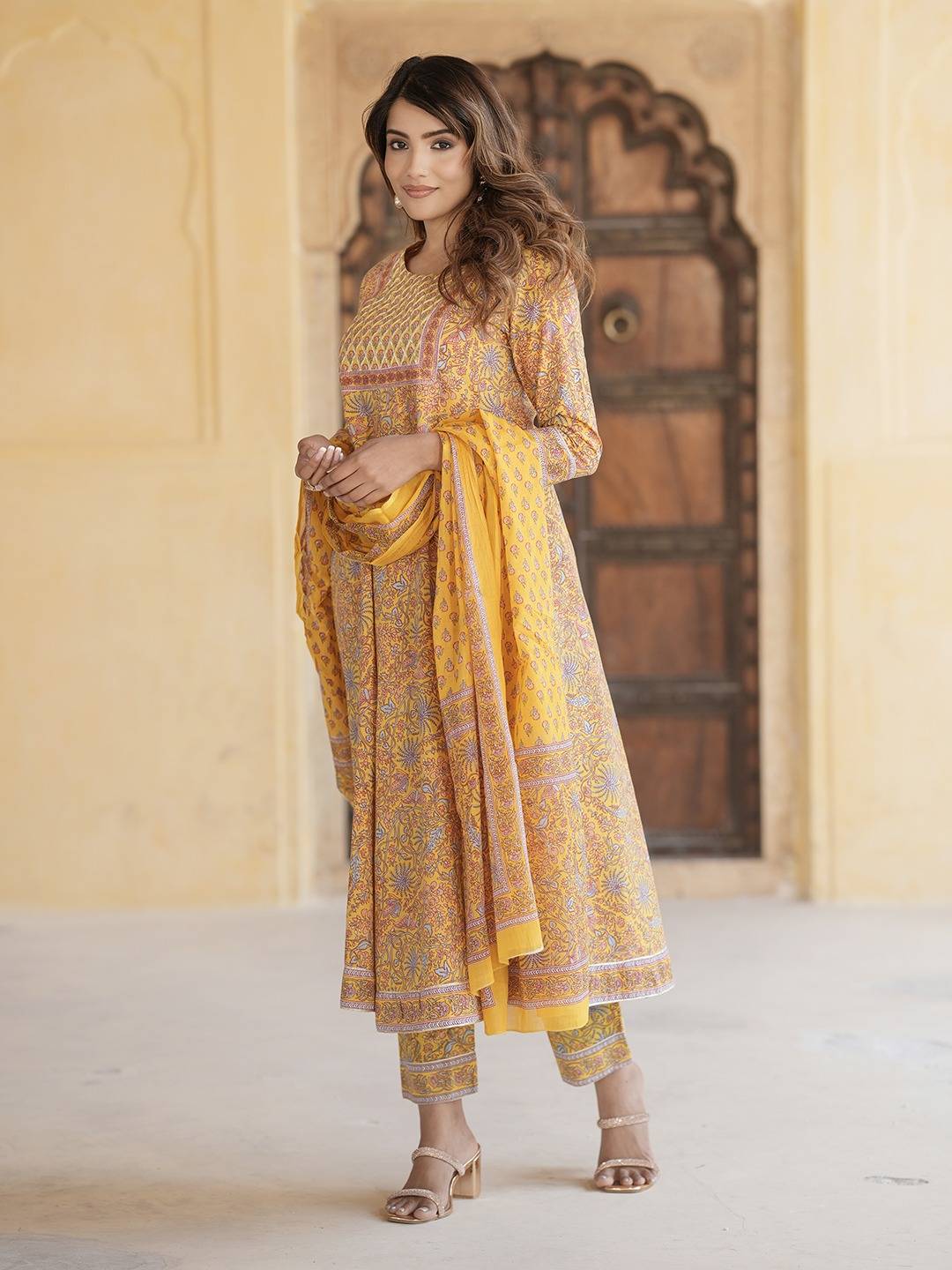 Women Mustard Yellow Anarkali Kurta Pant Dupatta Set