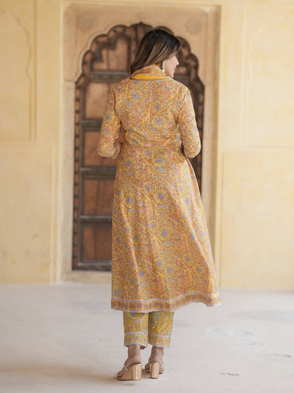 Women Mustard Yellow Anarkali Kurta Pant Dupatta Set