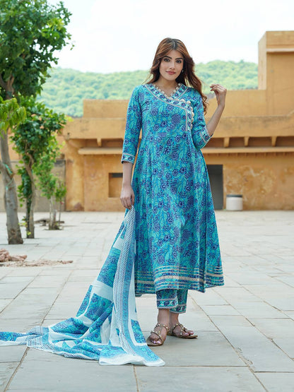 Floral Printed Angrakha Pure Cotton Anarkali Kurta With Trousers & Dupatta