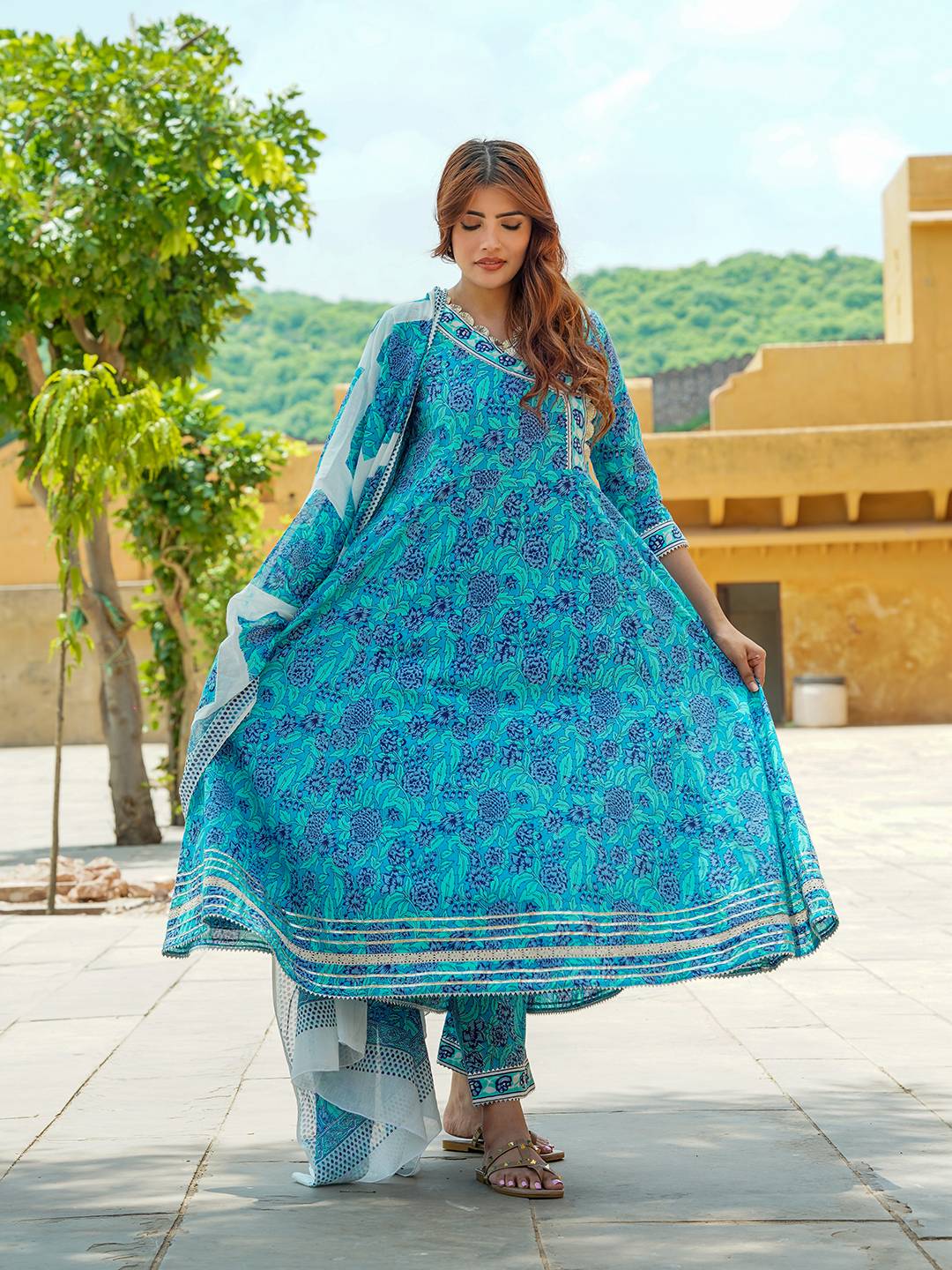 Floral Printed Angrakha Pure Cotton Anarkali Kurta With Trousers & Dupatta