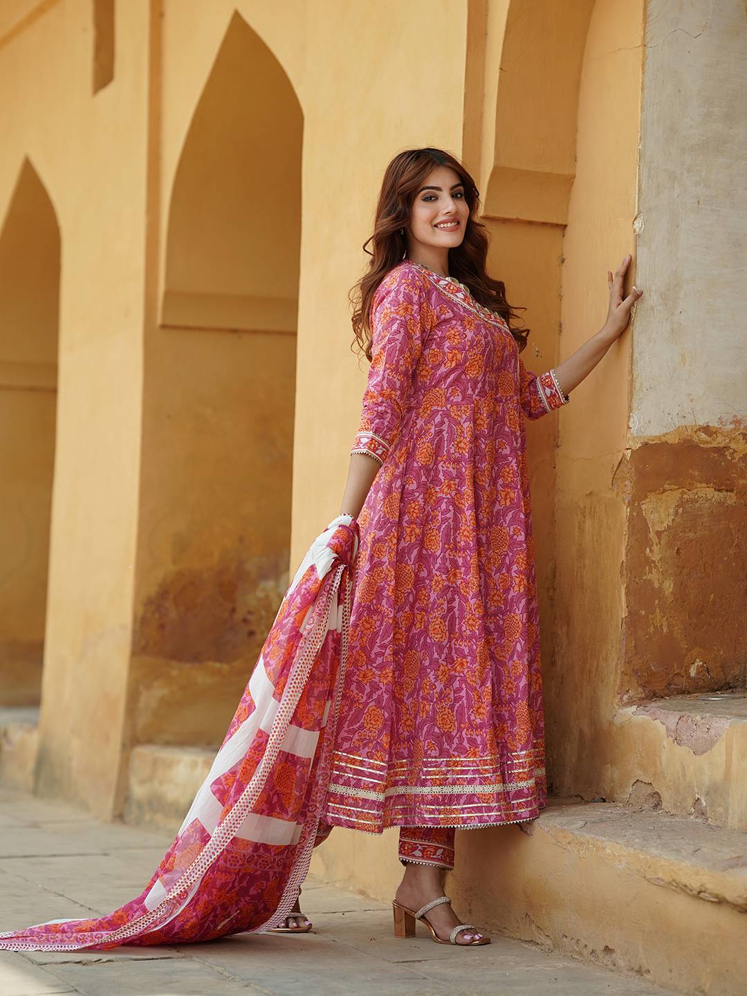 Women Pink Angrakha Kurta Pant Dupatta Set