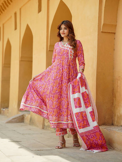 Women Pink Angrakha Kurta Pant Dupatta Set