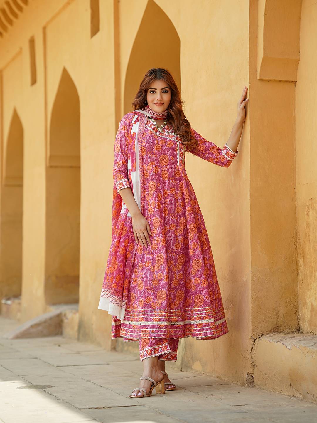 Women Pink Angrakha Kurta Pant Dupatta Set