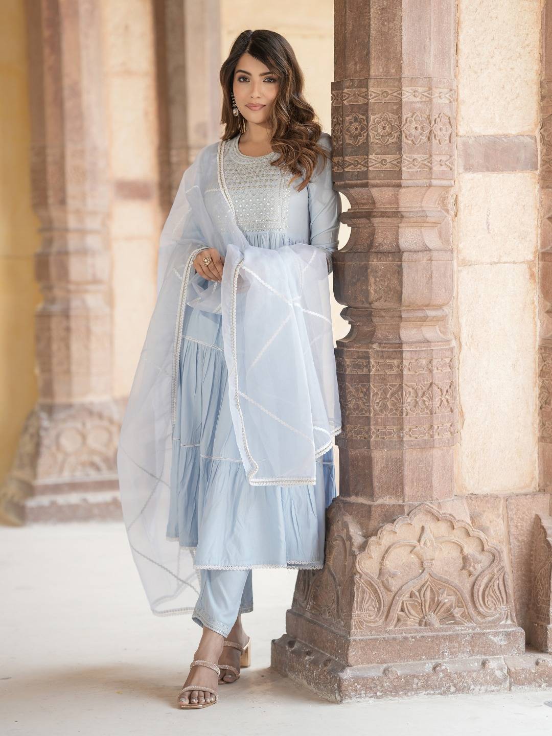 Women Sky Blue Anrakli Tiered Kurta Pant Dupatta Set