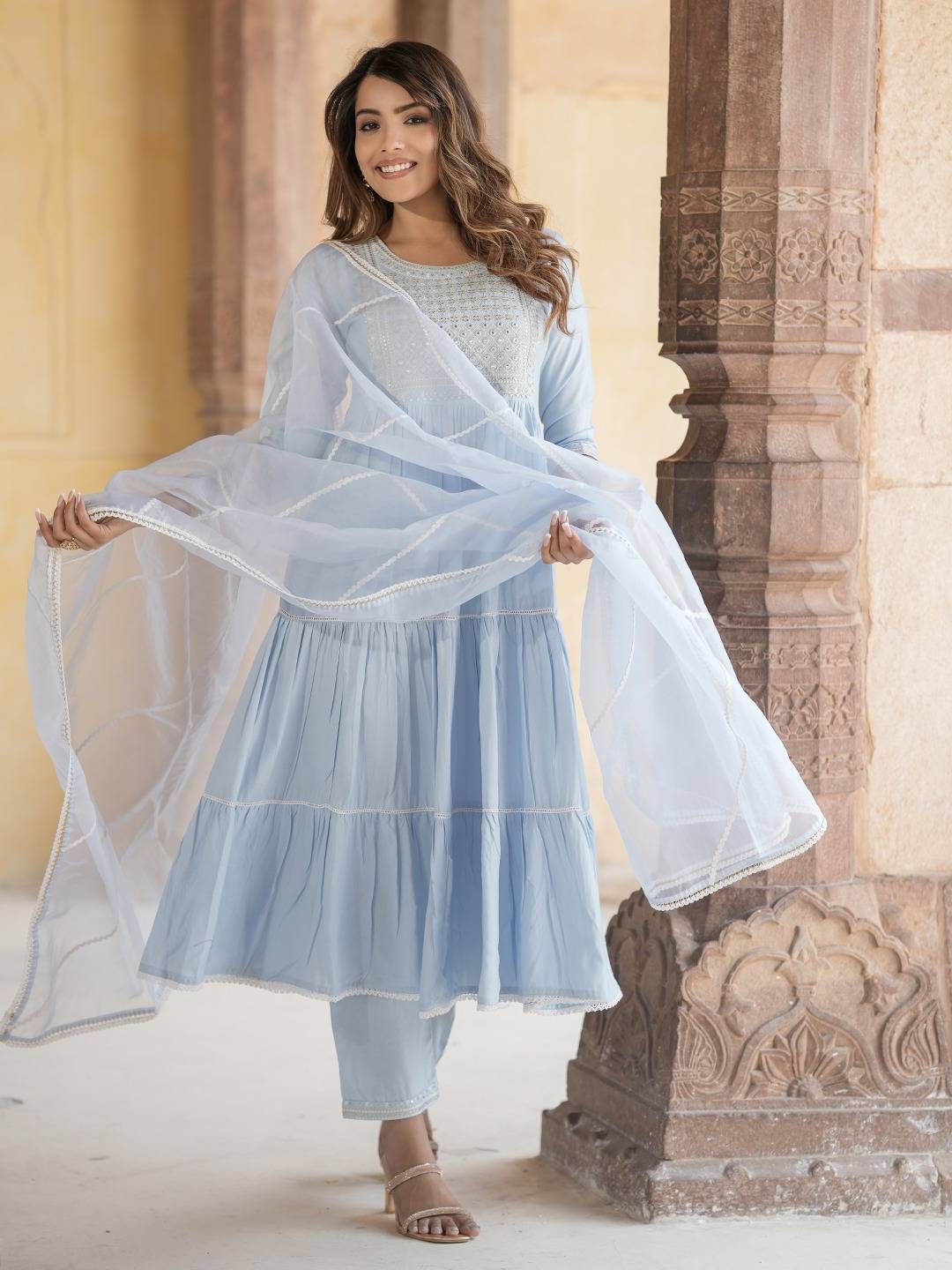 Women Sky Blue Anrakli Tiered Kurta Pant Dupatta Set