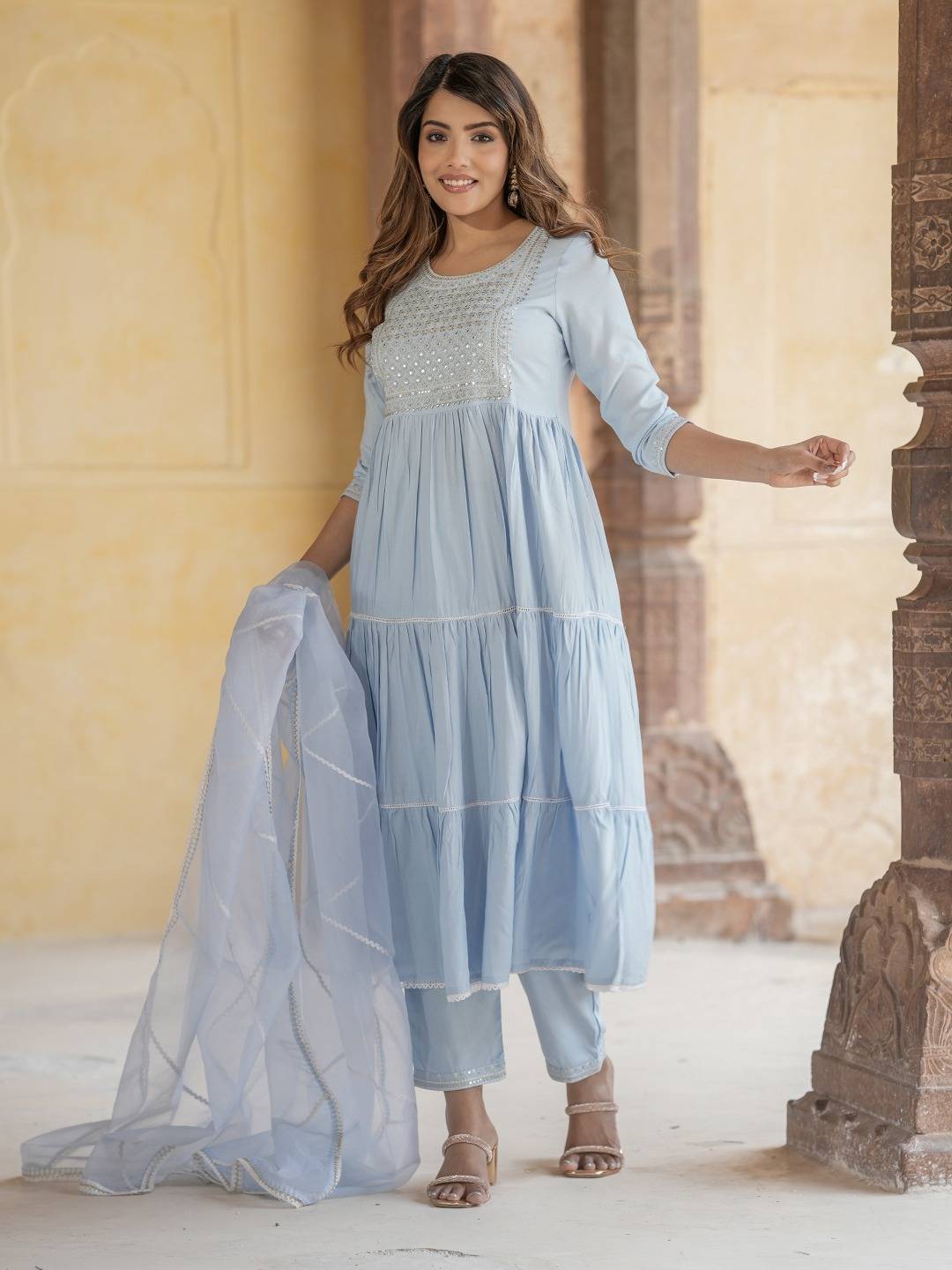 Women Sky Blue Anrakli Tiered Kurta Pant Dupatta Set