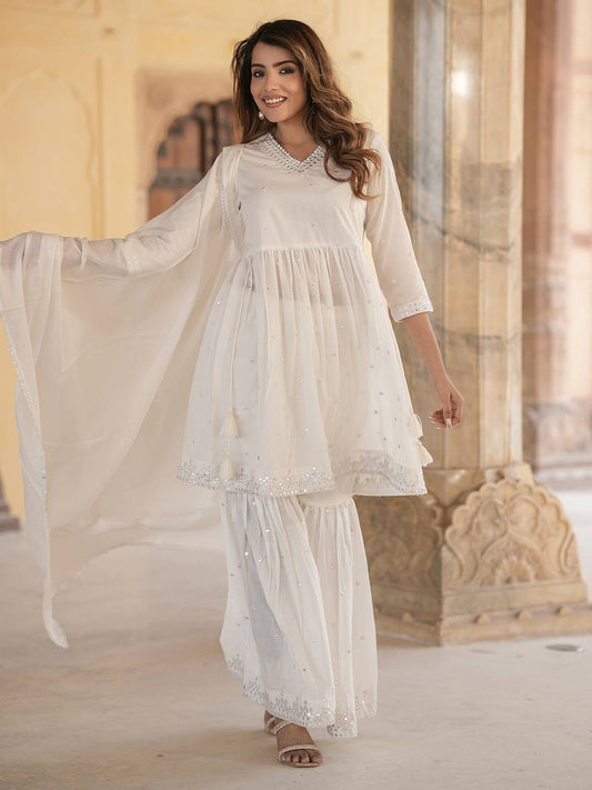 Women Off White A-line Tiered Kurta sharara Dupatta Set