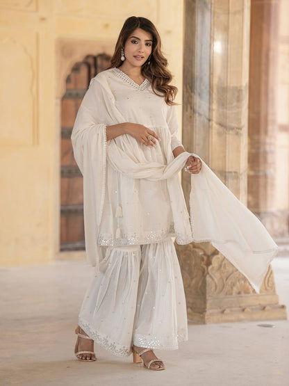 Women Off White A-line Tiered Kurta sharara Dupatta Set