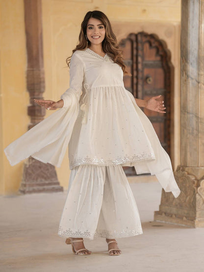 Women Off White A-line Tiered Kurta sharara Dupatta Set