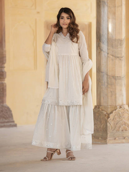 Women Off White A-line Tiered Kurta sharara Dupatta Set