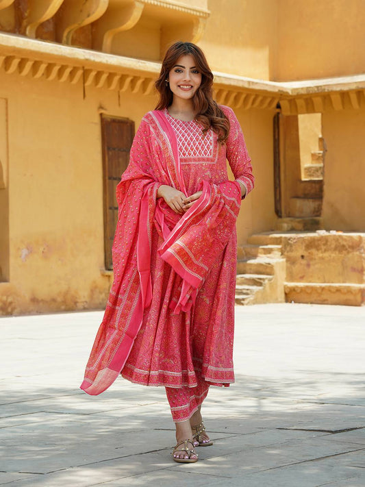 Women Pink Ethnic motifs Anarkali Kurta Pant Dupatta Set