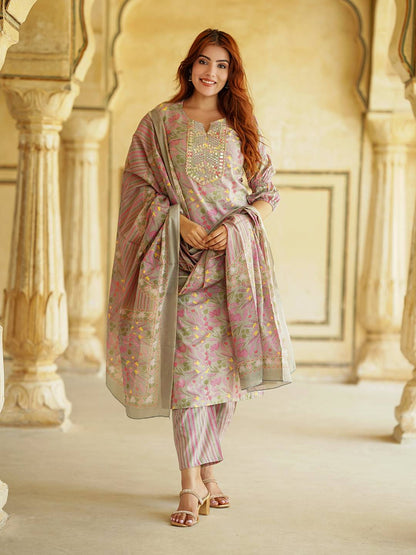 Floral Printed Mirror Work Pure Cotton Straight Kurta With Trousers & Dupatta