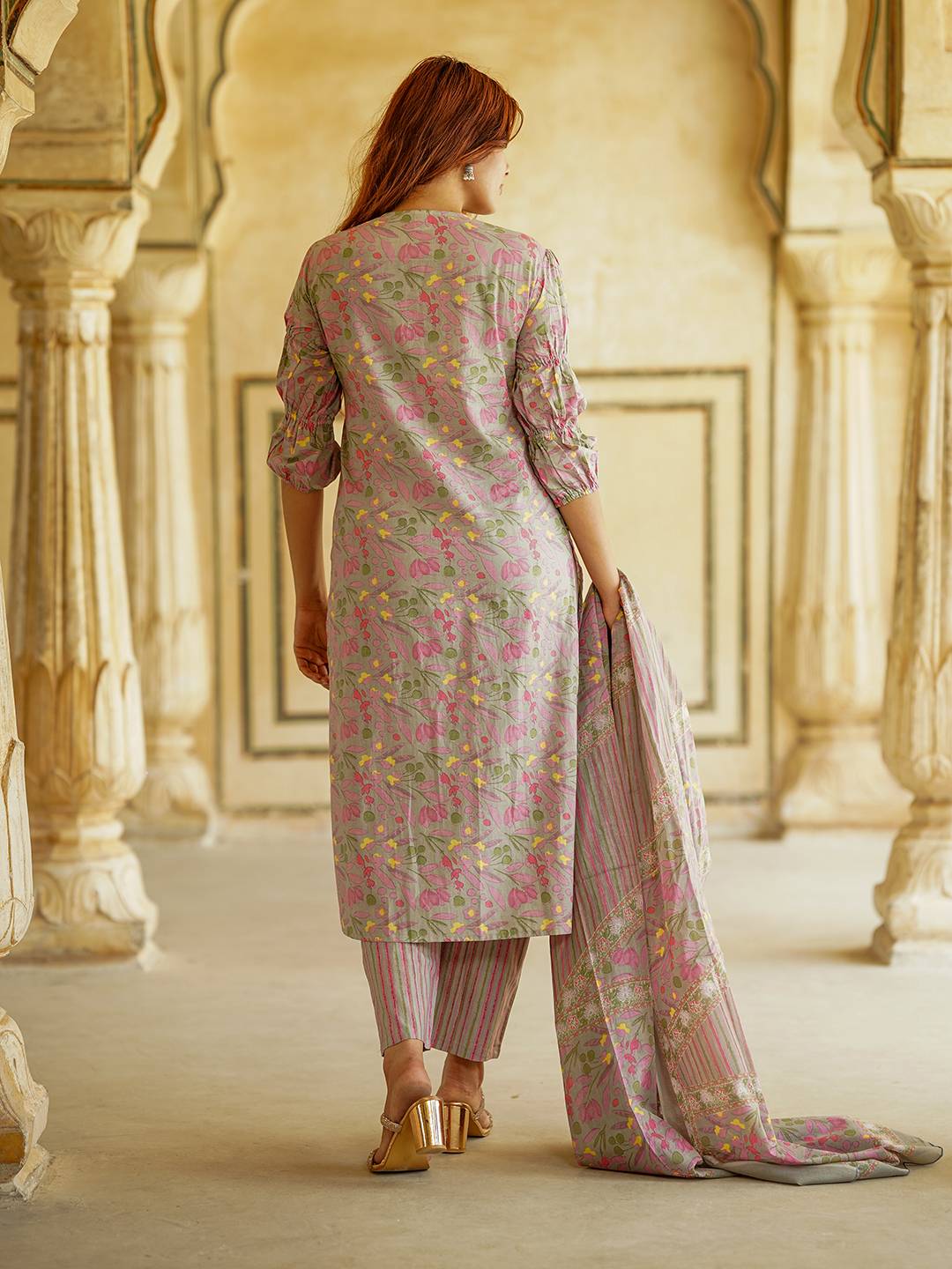 Floral Printed Mirror Work Pure Cotton Straight Kurta With Trousers & Dupatta