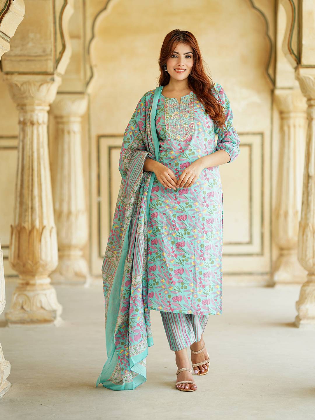 Blue Floral Print Mirror Work Pure Cotton Straight Kurta With Trousers & Dupatta