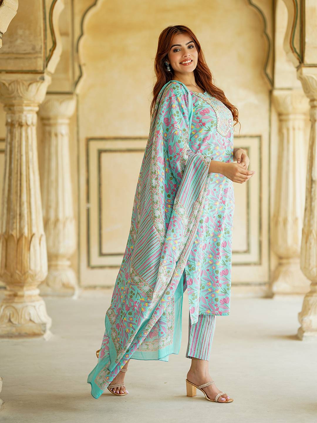 Blue Floral Print Mirror Work Pure Cotton Straight Kurta With Trousers & Dupatta