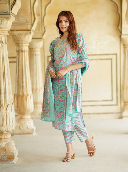 Blue Floral Print Mirror Work Pure Cotton Straight Kurta With Trousers & Dupatta