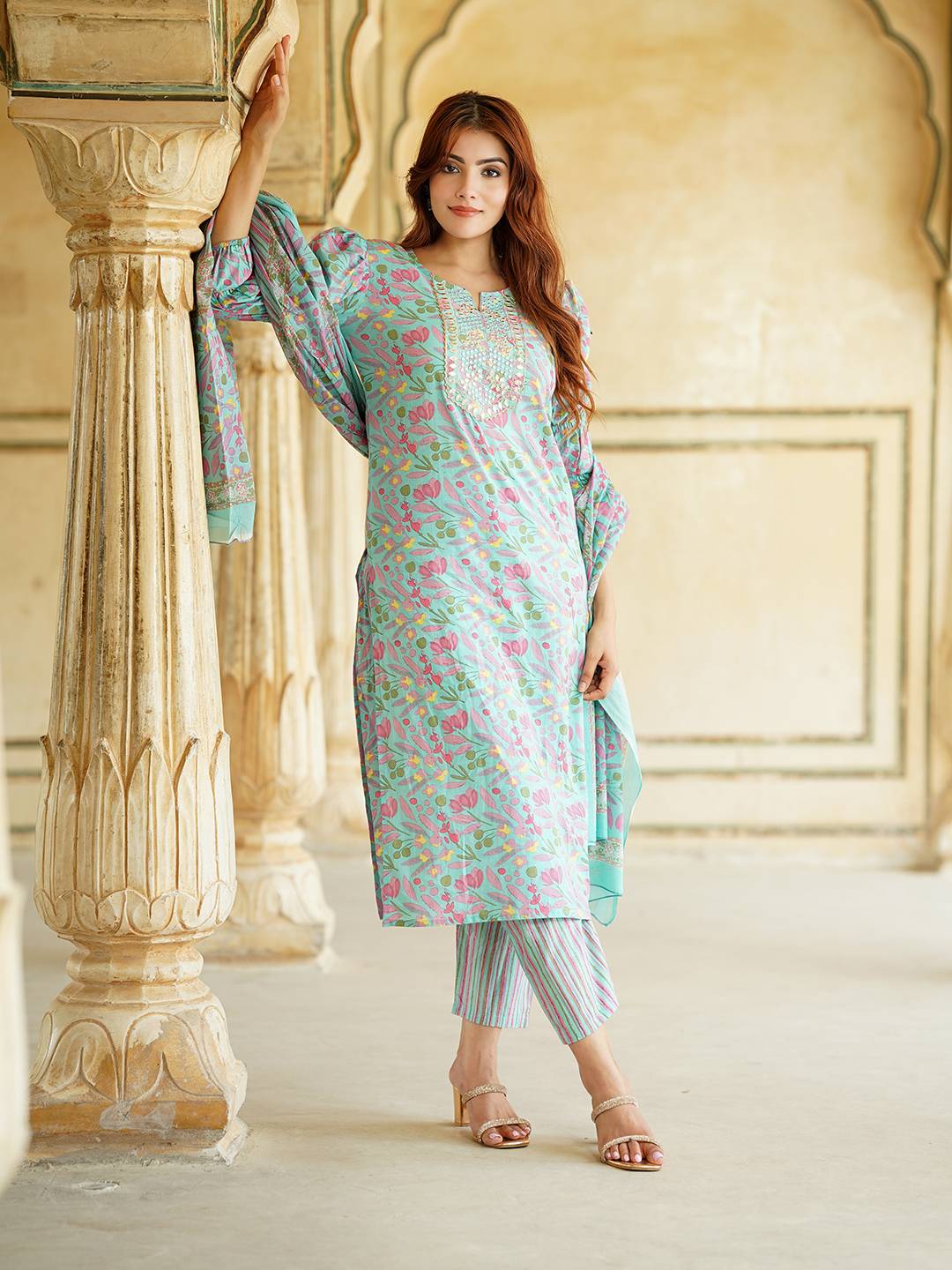 Blue Floral Print Mirror Work Pure Cotton Straight Kurta With Trousers & Dupatta