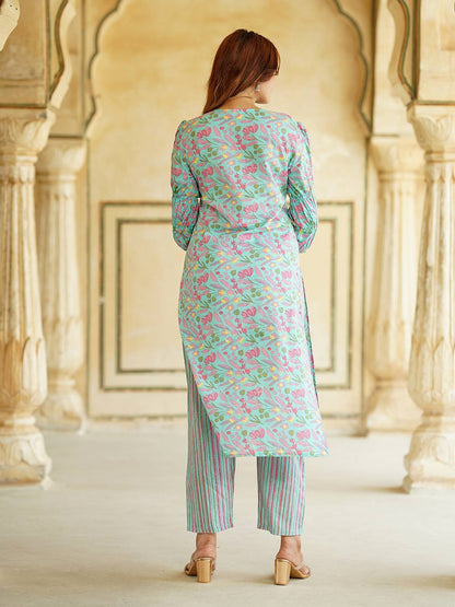 Blue Floral Print Mirror Work Pure Cotton Straight Kurta With Trousers & Dupatta